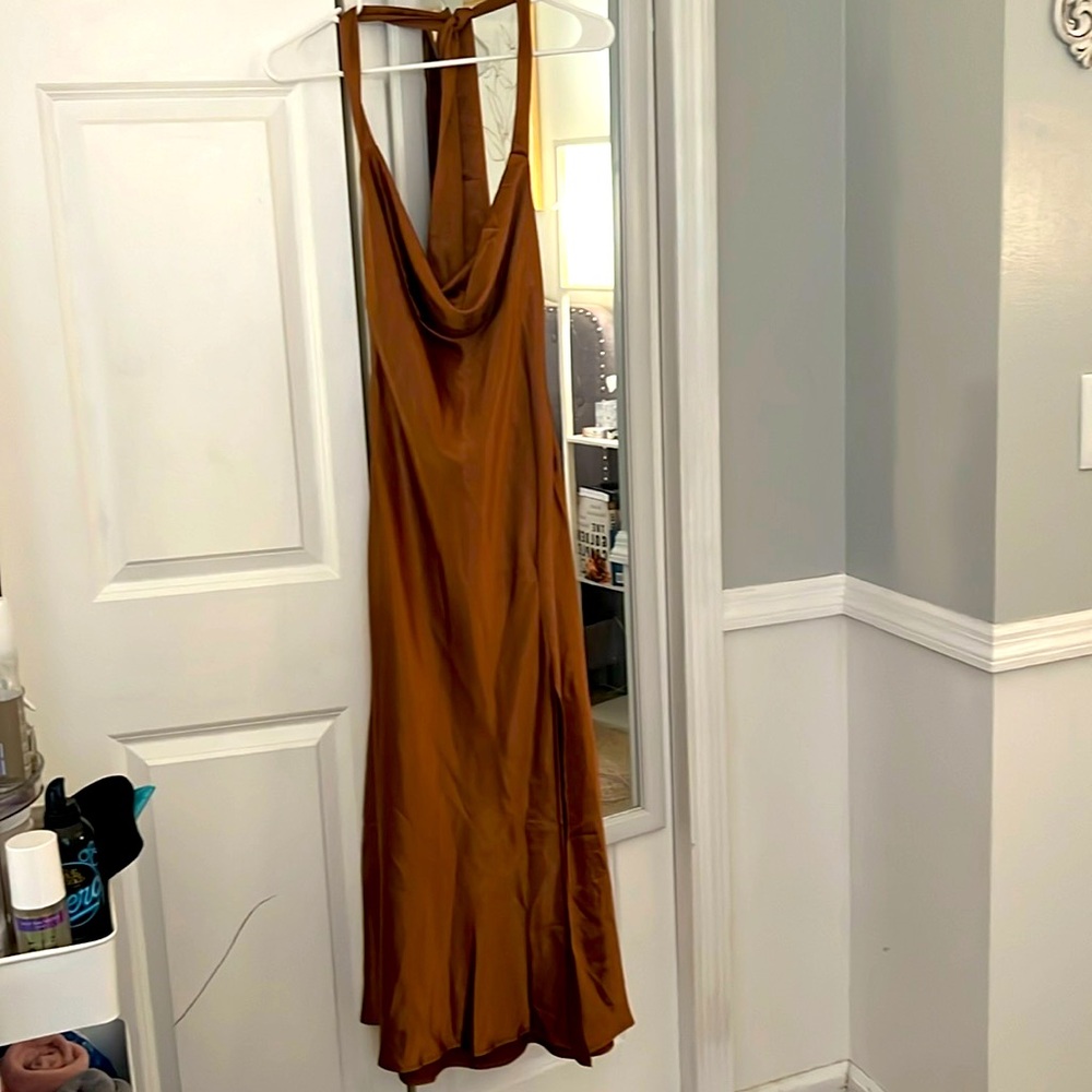 Beautiful rust colored backless satin dress